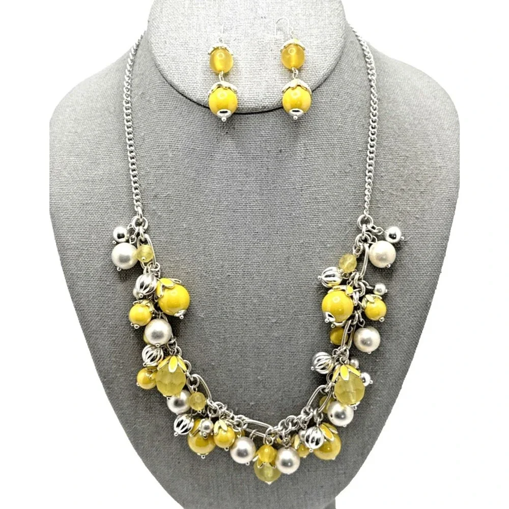 Yellow & Silver Bead Cha Cha Cluster Bib Necklace & Earrings Set Y2k Runway